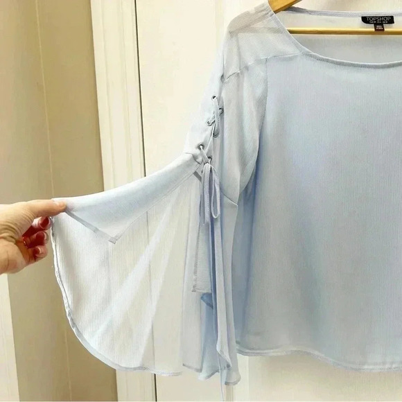 Topshop Eyelet Lace Up Fluted Sleeves Sheer Blouse Top Light Blue Size Small - Picture 9 of 16